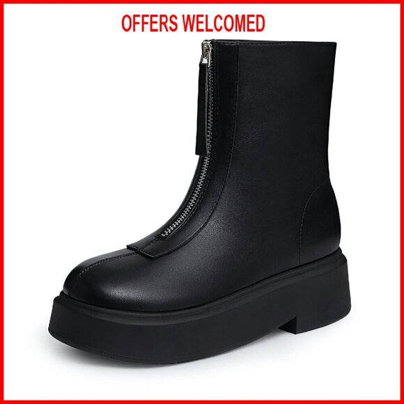 Shoes - Platform Ankle Boots Round Toe Chunky Heel Front Zipper Comfortable